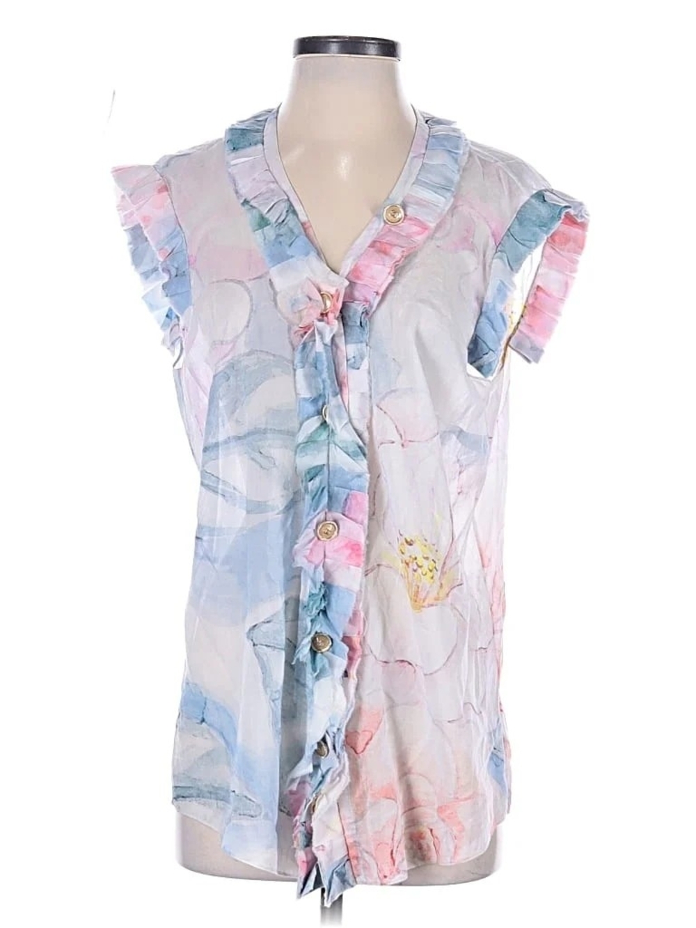 CHANEL Pastel Floral Ruffle-Trim Blouse in Blue and Pink